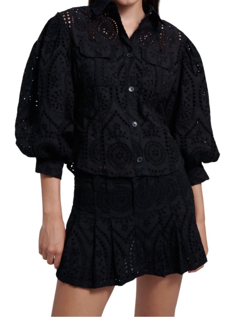 Black Eyelet Tiered Mini Skirt and Blouse